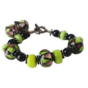 Handmade Lampwork Glass Bead Bracelet Toggle Closure Lime Green Purple